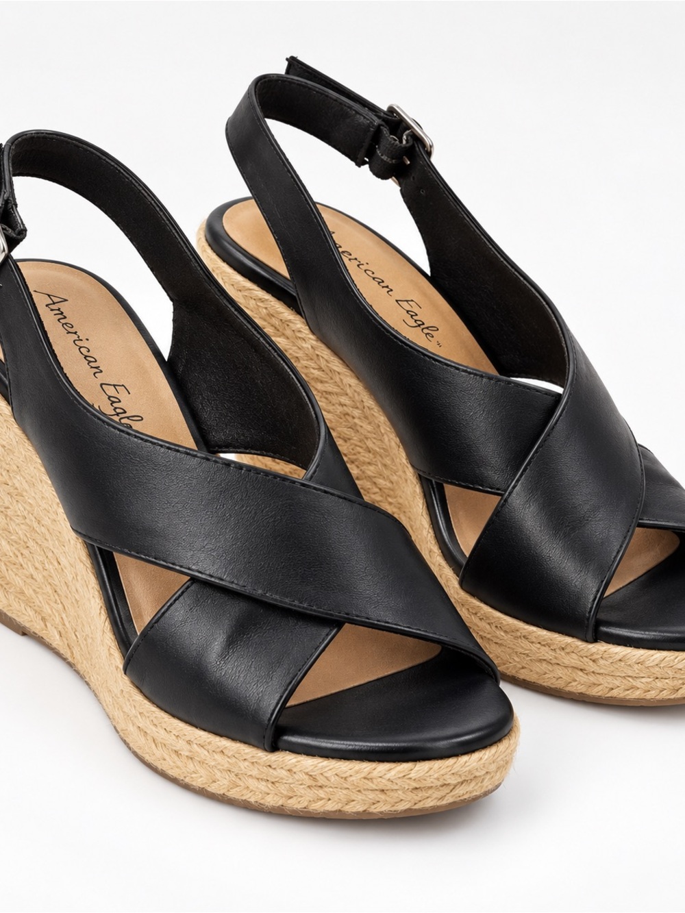 American Eagle Outfitters Black Leather Espadrille Wedge Sandals